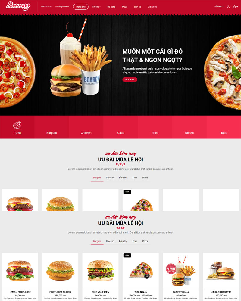 Giao diện website thực phẩm Domnoo